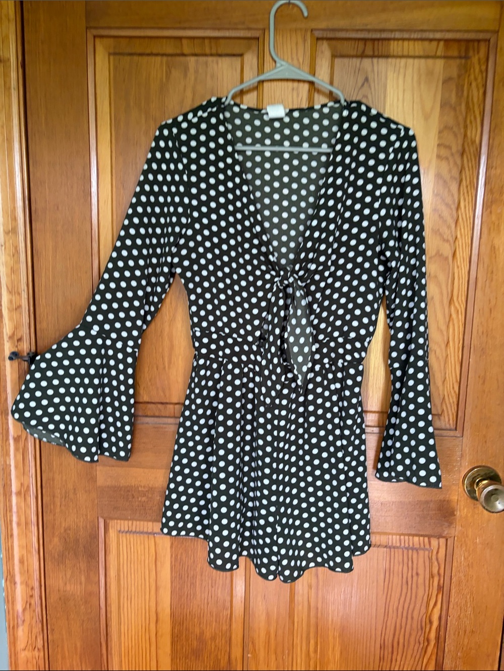 Green and white Polka Dot Tie-Front Tunic Top